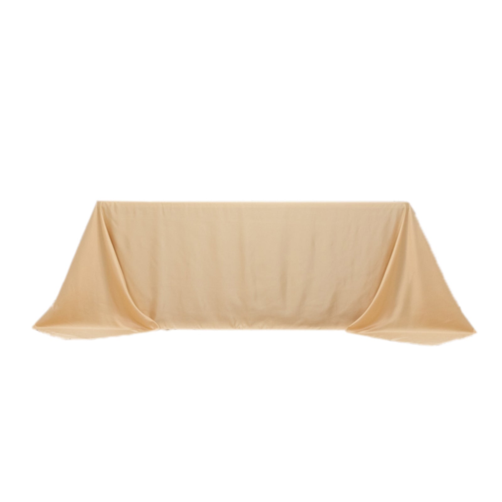 Beige seamless satin tablecloth for 6-foot table with floor-length drop.