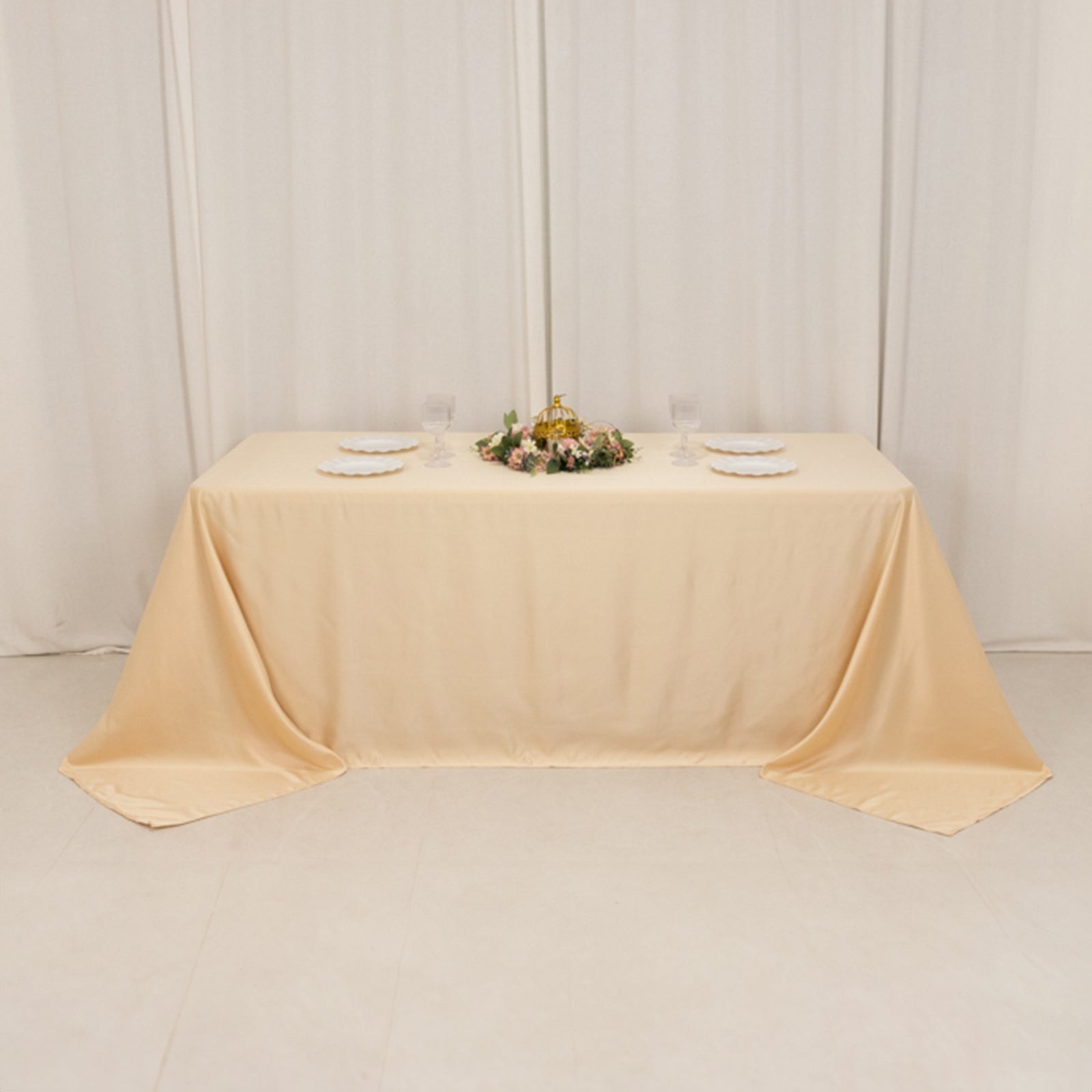 beige seamless satin tablecloth for 6 foot table with floor-length drop