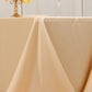 Beige seamless satin tablecloth for 6-foot table with floor-length drop.