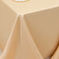Beige satin tablecloth for 6-foot table with floor-length drop.