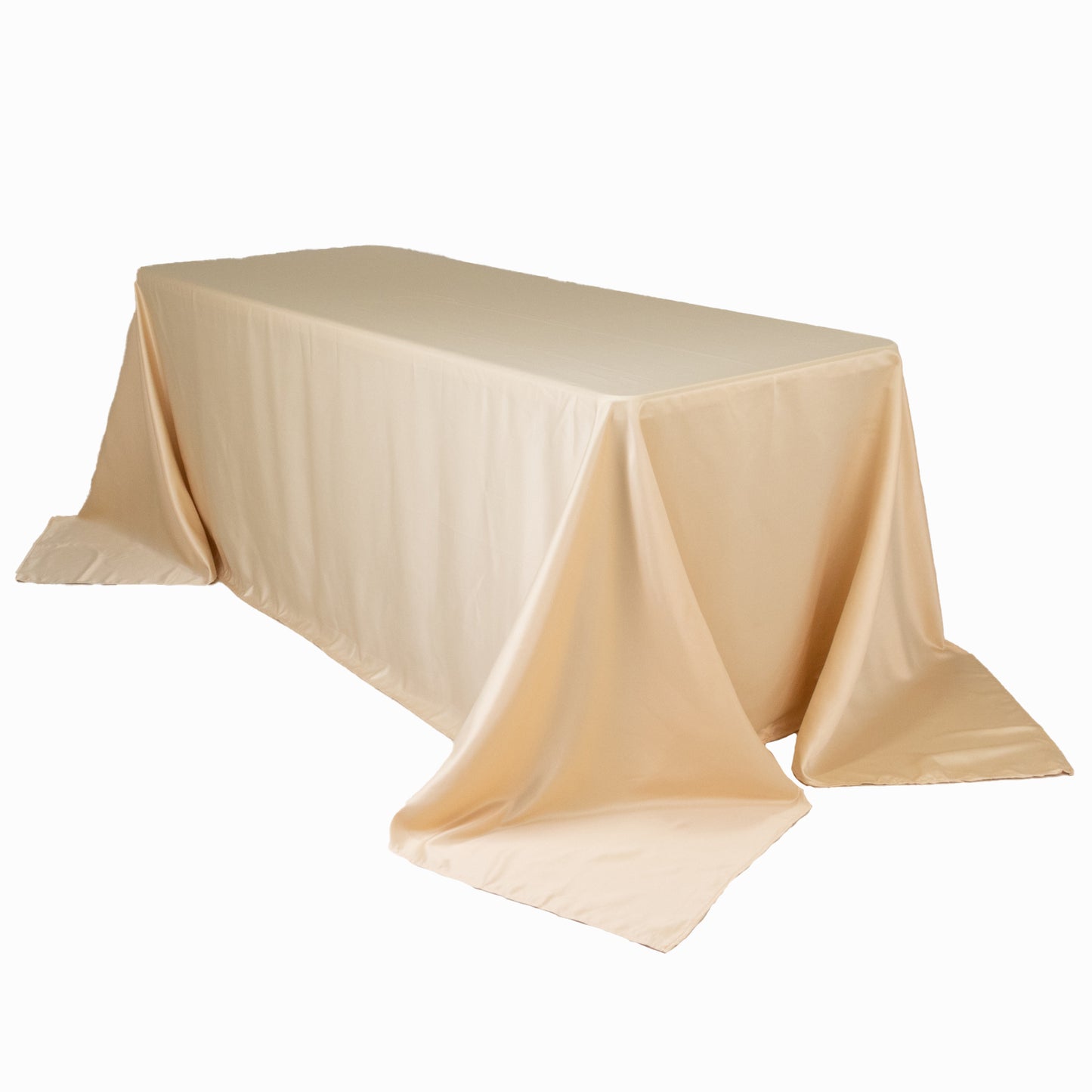 Beige satin tablecloth for 6-foot table with floor-length drop.