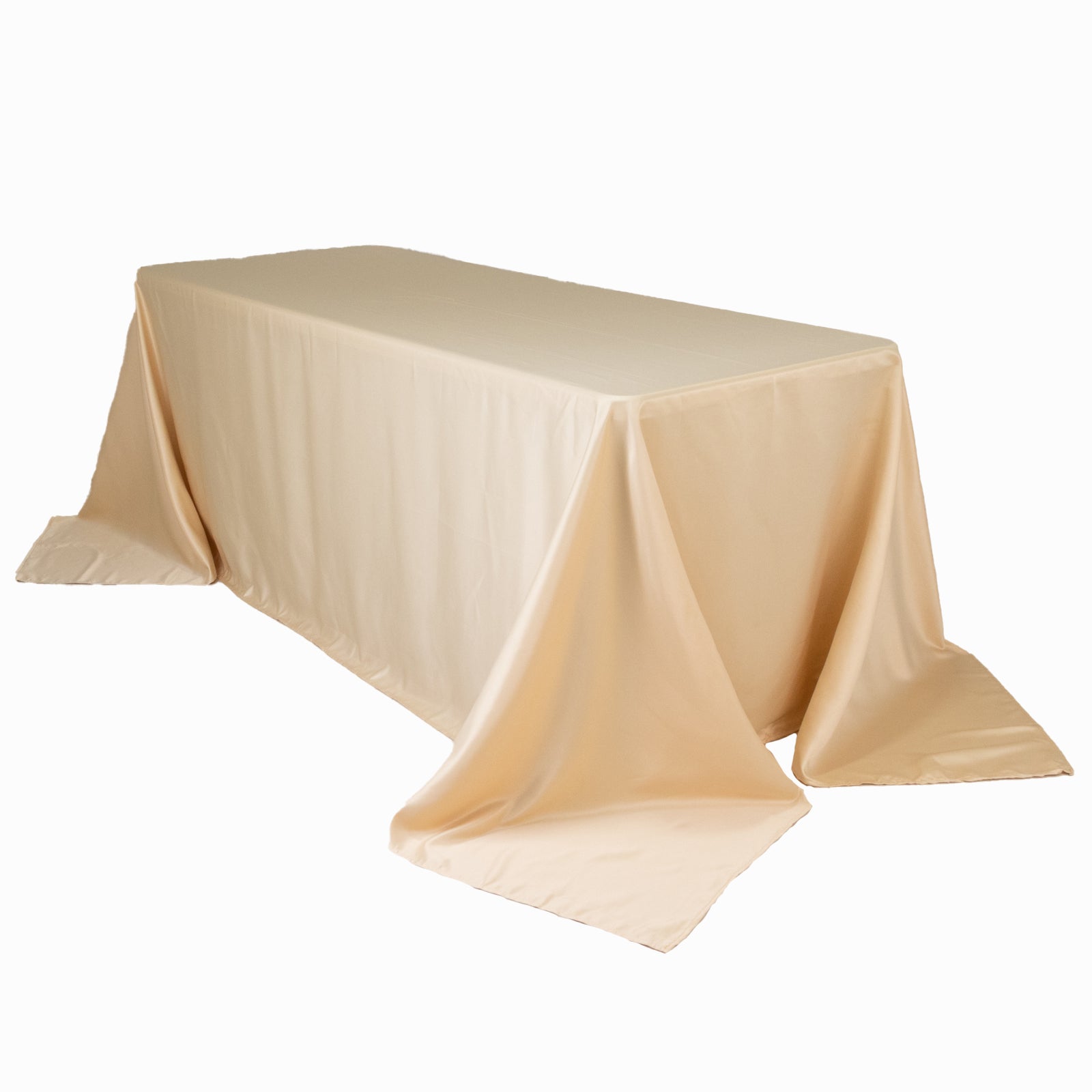 Beige satin tablecloth for 6-foot table with floor-length drop.