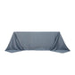 Dusty blue satin tablecloth for 6-foot table with floor-length drop.
