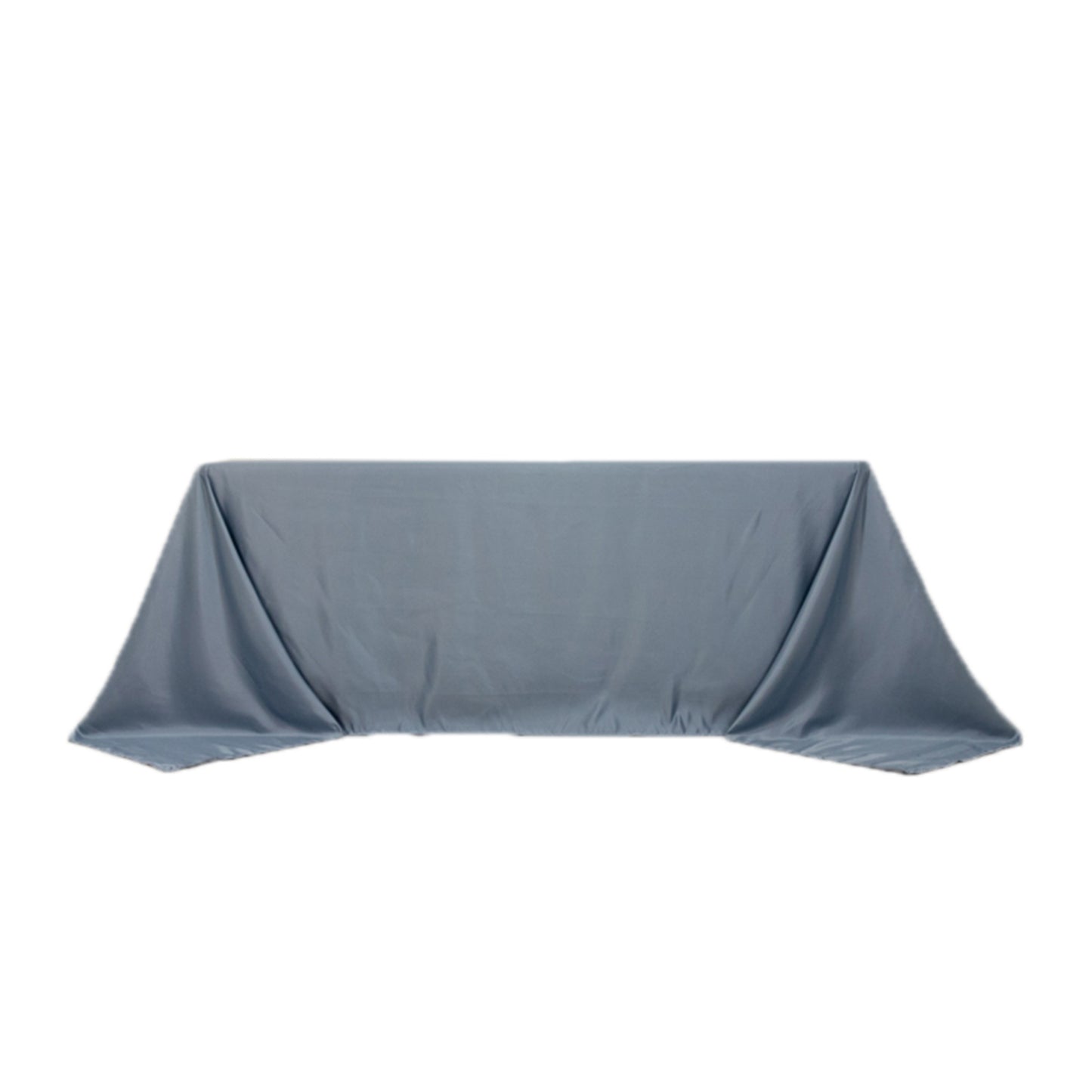 Dusty blue satin tablecloth for 6-foot table with floor-length drop.