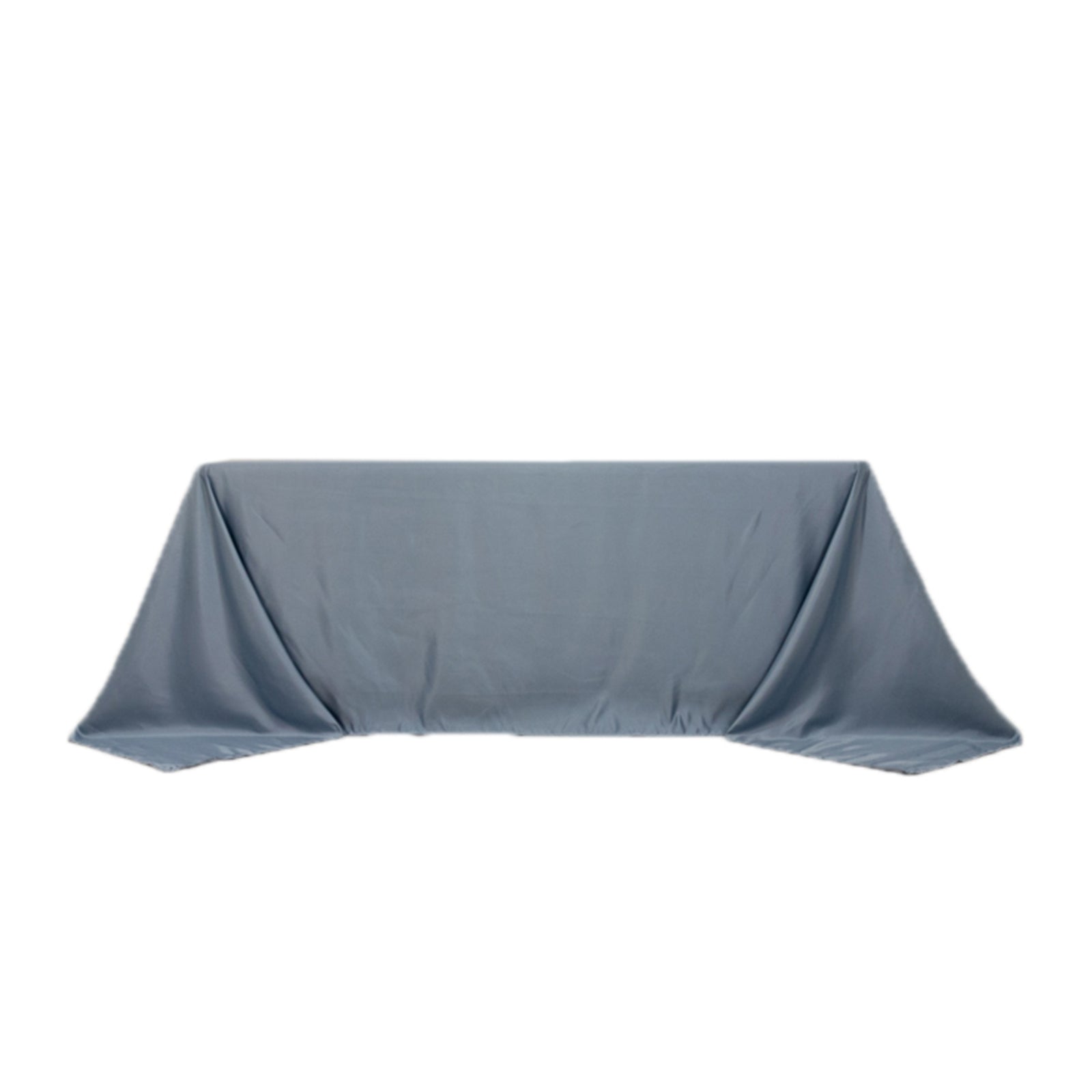 Dusty blue satin tablecloth for 6-foot table with floor-length drop.