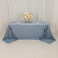 Dusty blue seamless satin tablecloth for 6-foot table with floor-length drop.