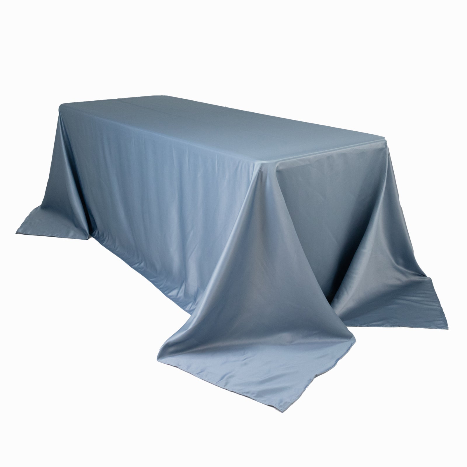 Dusty blue satin tablecloth for a 6-foot table with floor-length drop.