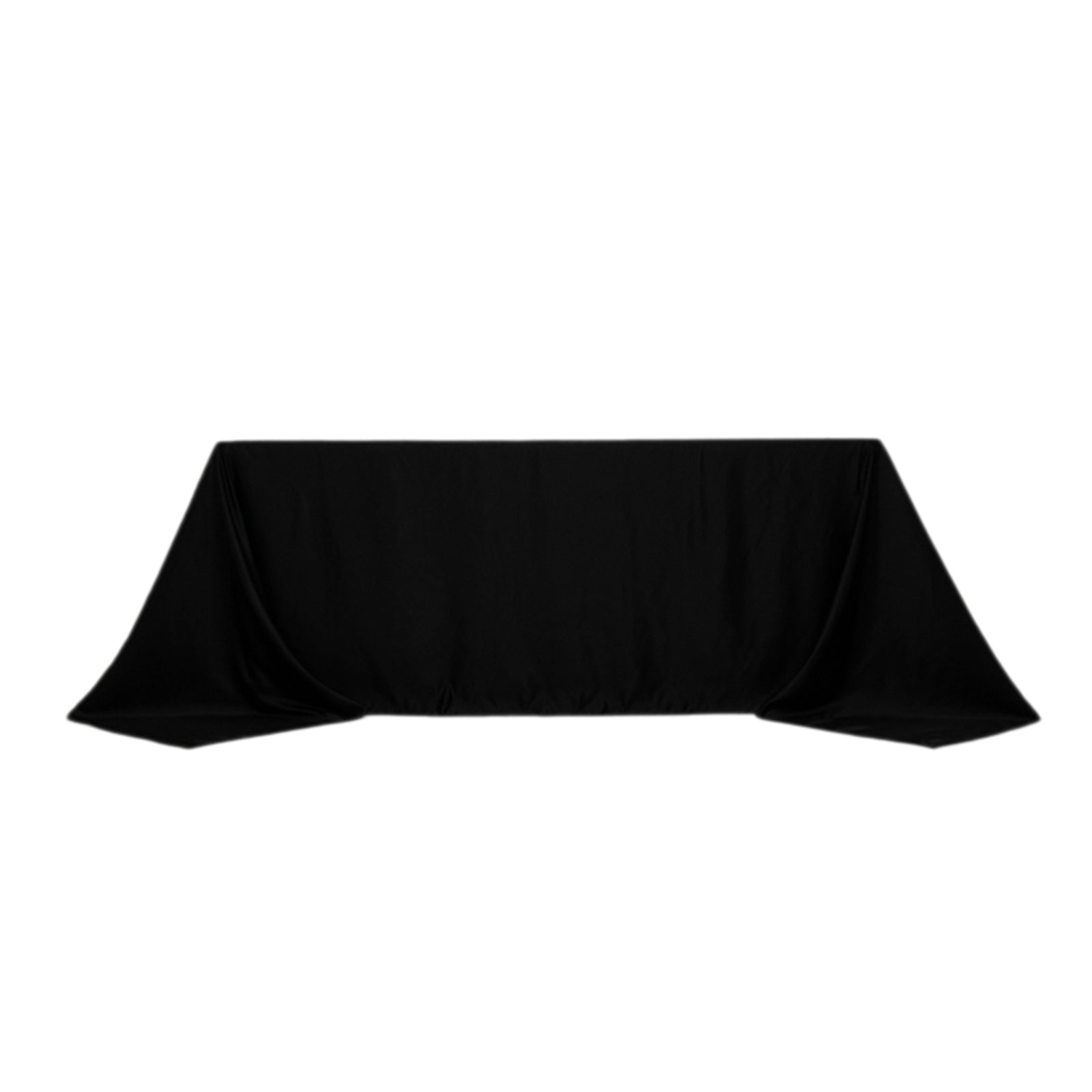 Black satin tablecloth for 6-foot table with floor-length drop.