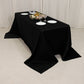 Black seamless satin tablecloth for a 6-foot table with floor-length drop.