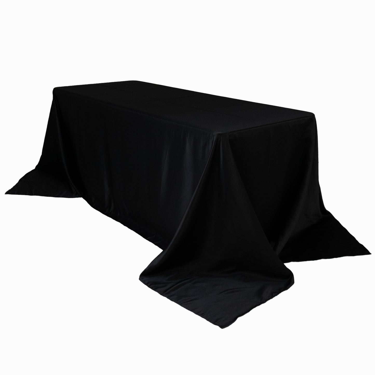 Black seamless satin tablecloth for 6-foot table with floor-length drop.