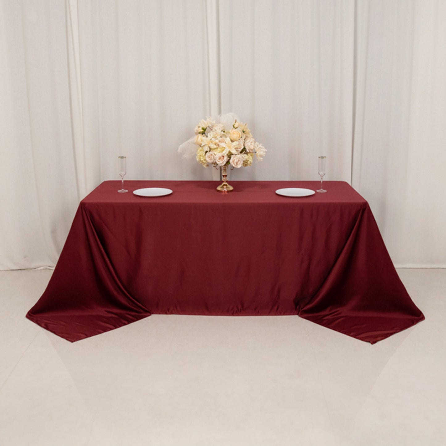 90"x132" Burgundy Seamless Lamour Satin Rectangle Tablecloth for 6 Foot Table With Floor-Length Drop