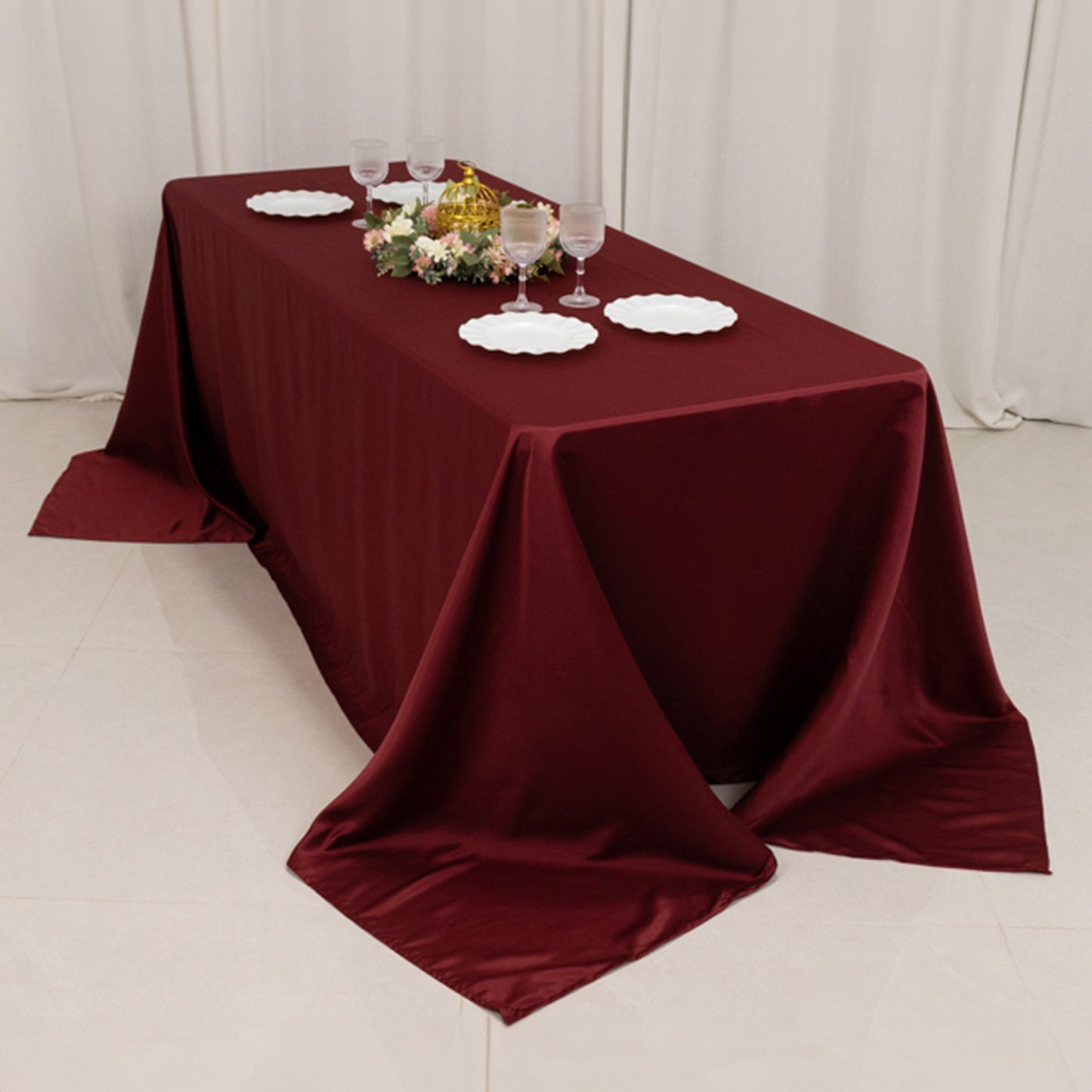 90"x132" Burgundy Seamless Lamour Satin Rectangle Tablecloth for 6 Foot Table With Floor-Length Drop