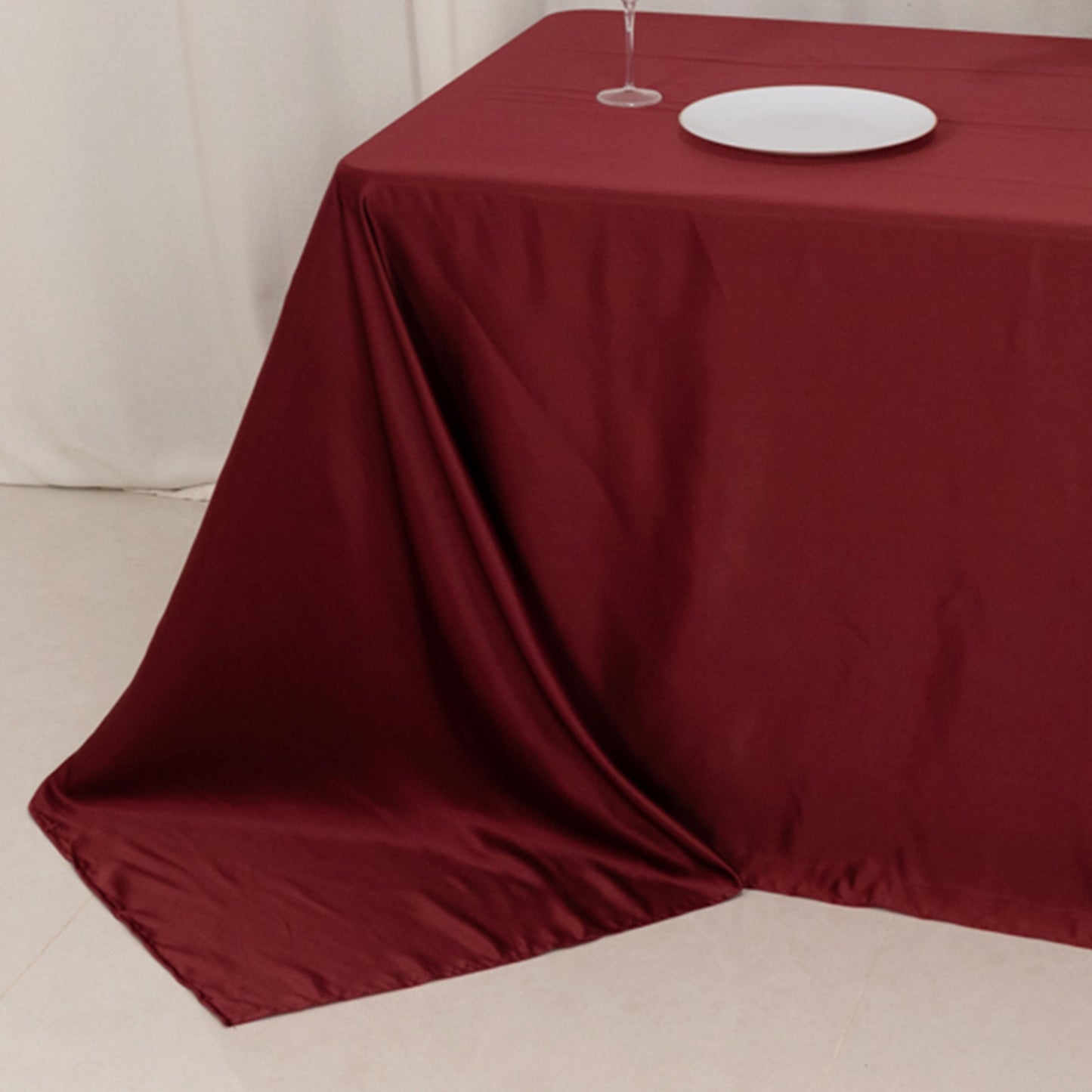 90"x132" Burgundy Seamless Lamour Satin Rectangle Tablecloth for 6 Foot Table With Floor-Length Drop