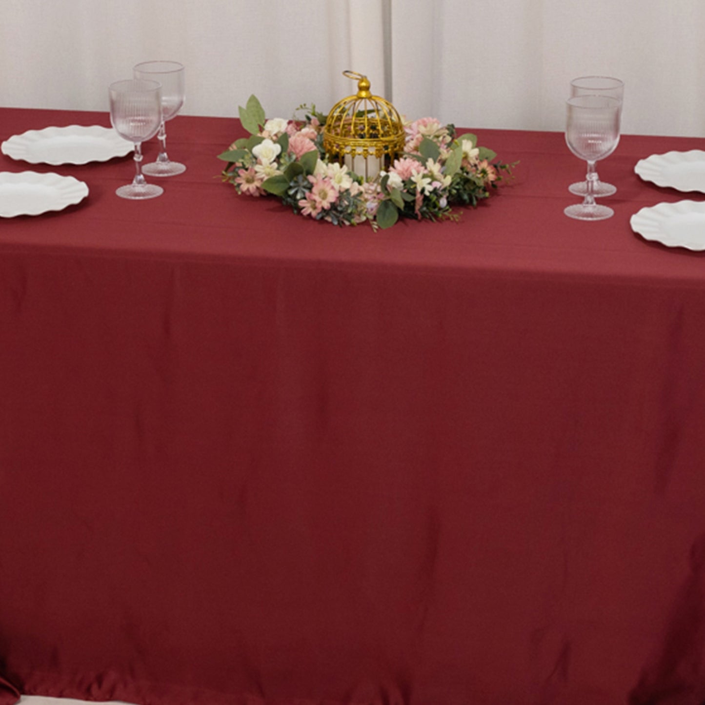 90"x132" Burgundy Seamless Lamour Satin Rectangle Tablecloth for 6 Foot Table With Floor-Length Drop