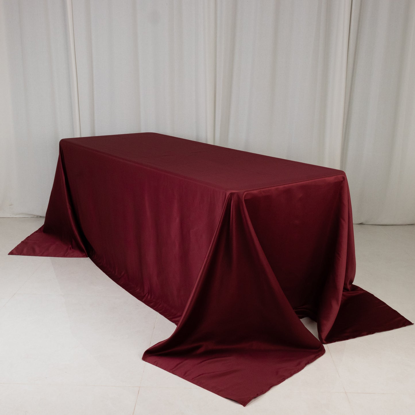 90"x132" Burgundy Seamless Lamour Satin Rectangle Tablecloth for 6 Foot Table With Floor-Length Drop