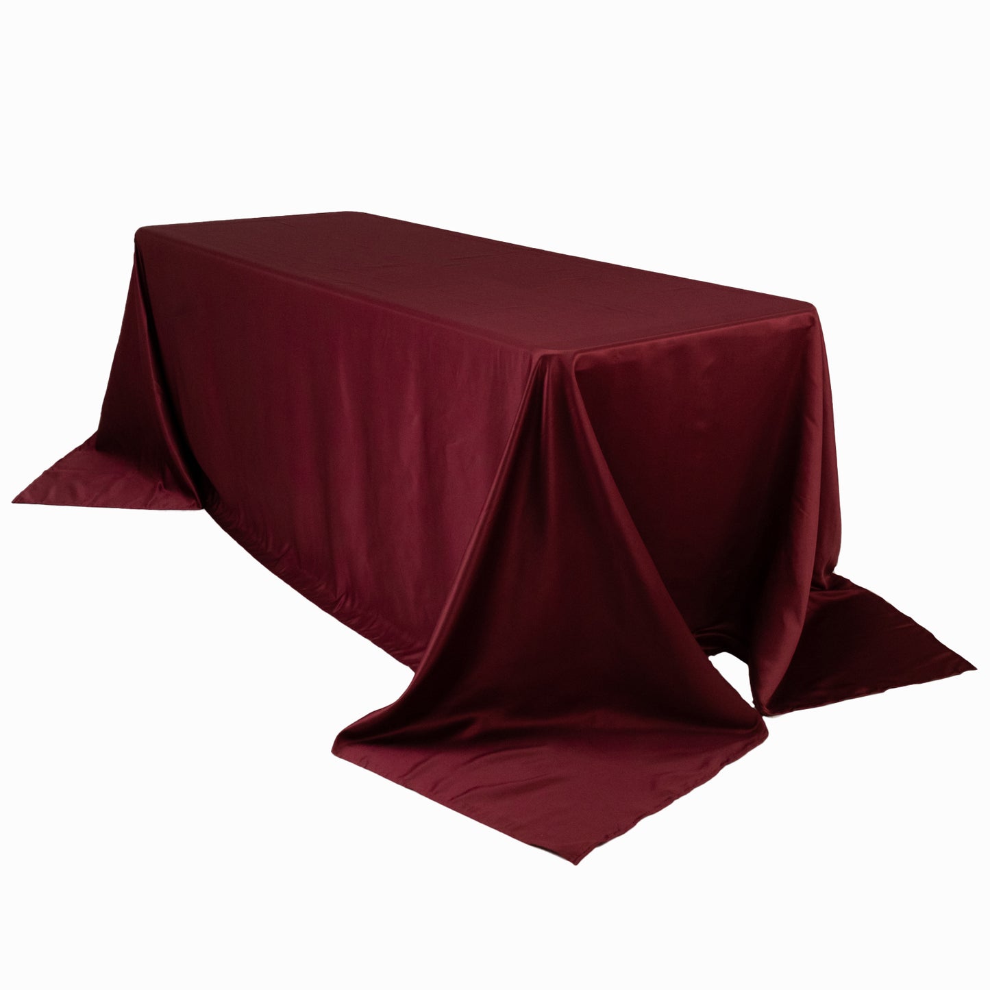 90"x132" Burgundy Seamless Lamour Satin Rectangle Tablecloth for 6 Foot Table With Floor-Length Drop