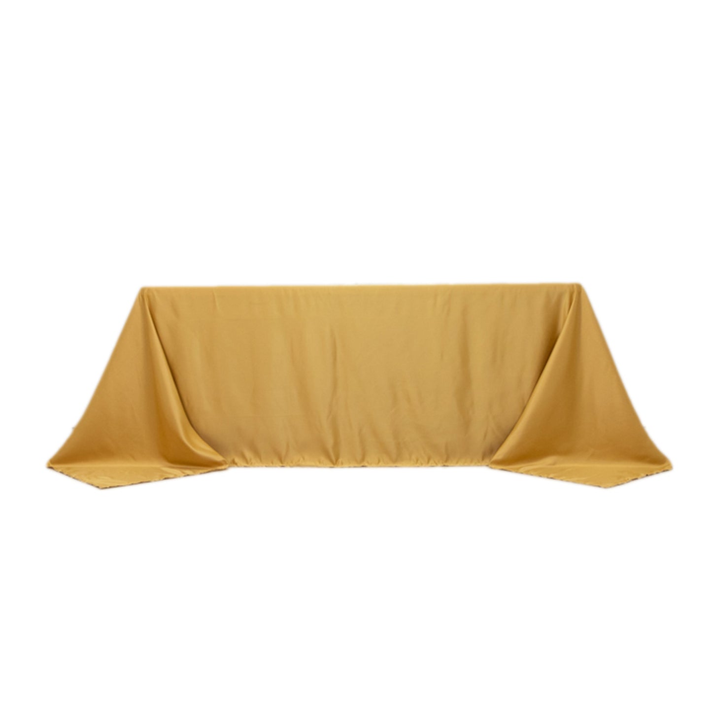 90"x132" Champagne Seamless Lamour Satin Rectangle Tablecloth for 6 Foot Table With Floor-Length Drop