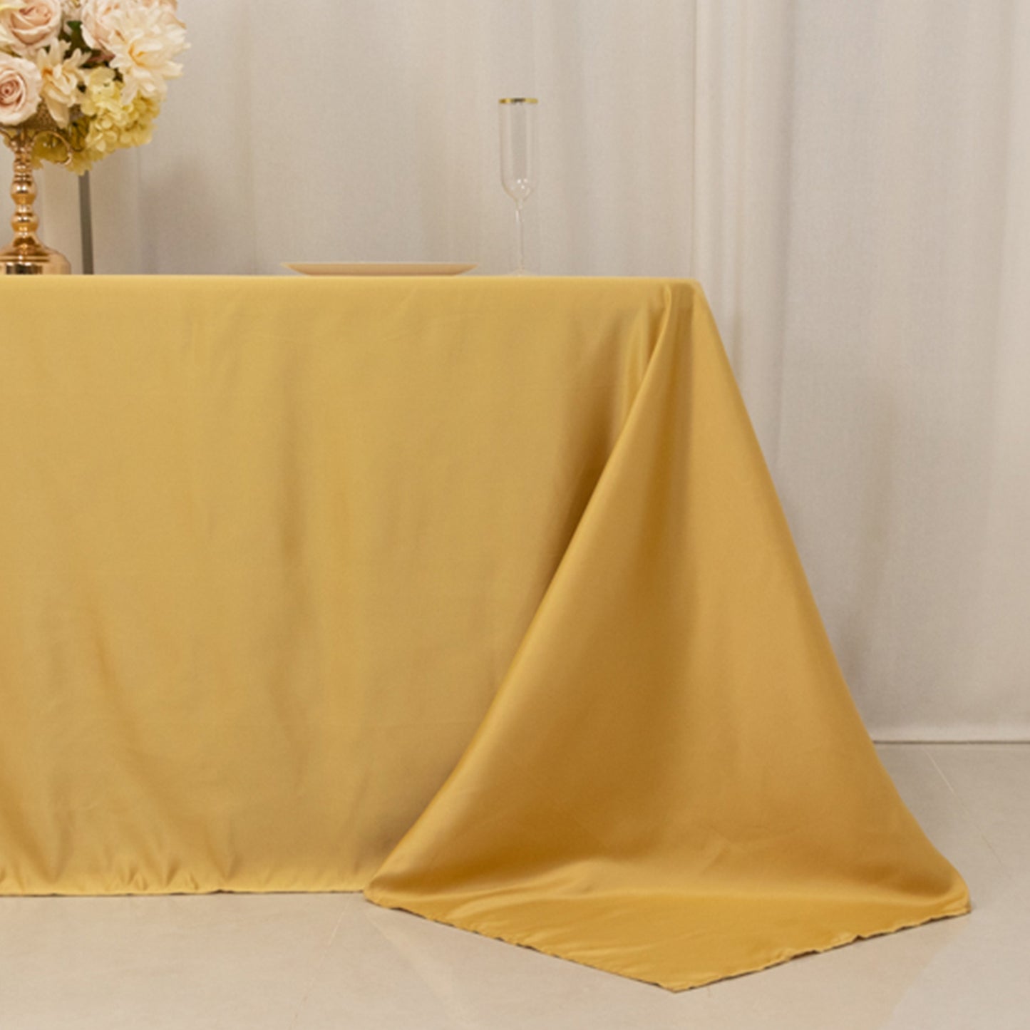 90"x132" Champagne Seamless Lamour Satin Rectangle Tablecloth for 6 Foot Table With Floor-Length Drop
