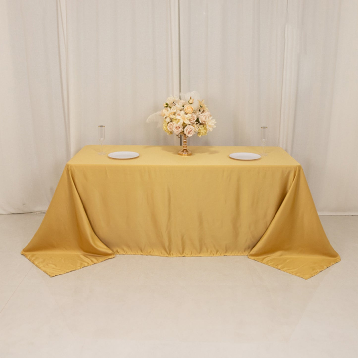 90"x132" Champagne Seamless Lamour Satin Rectangle Tablecloth for 6 Foot Table With Floor-Length Drop