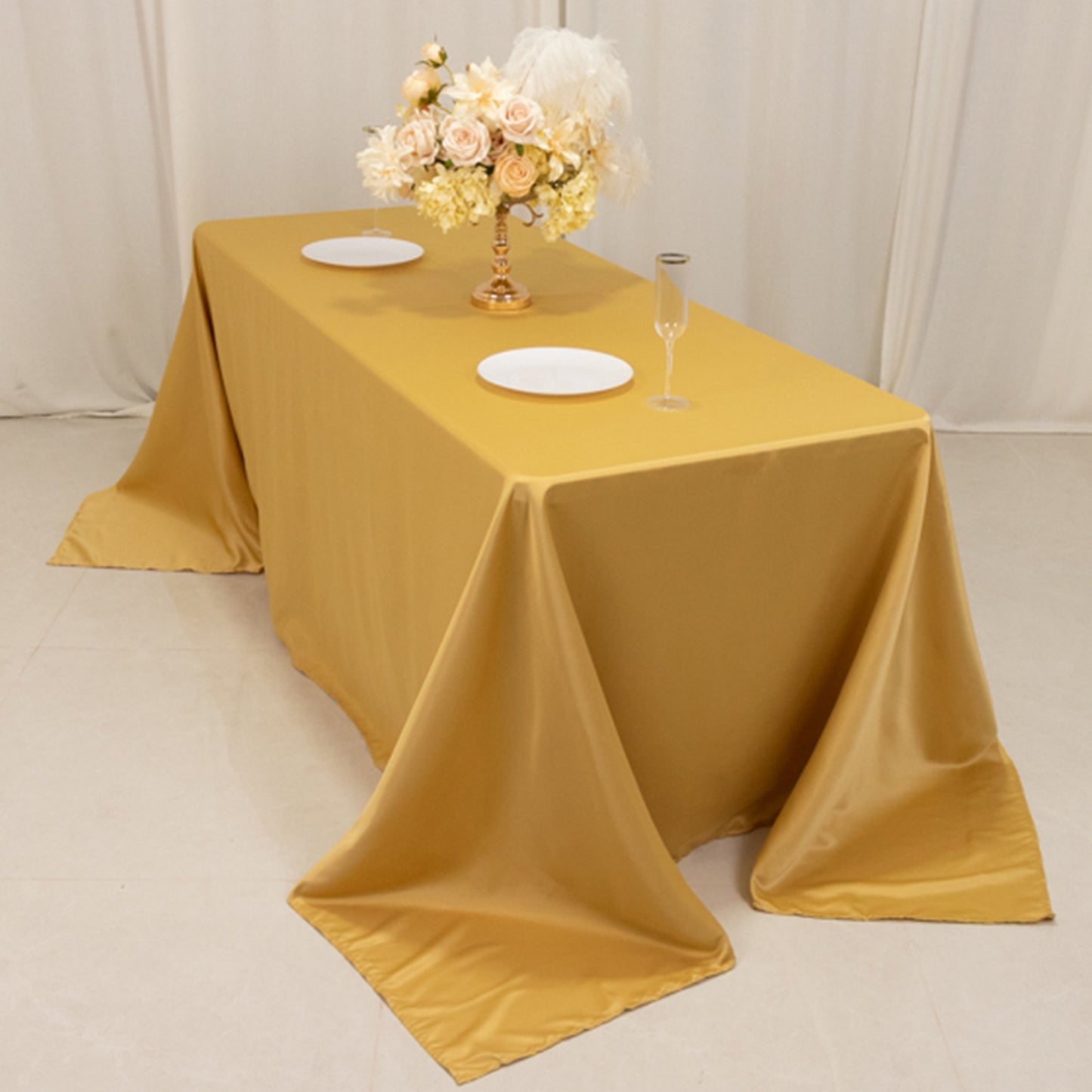 90"x132" Champagne Seamless Lamour Satin Rectangle Tablecloth for 6 Foot Table With Floor-Length Drop