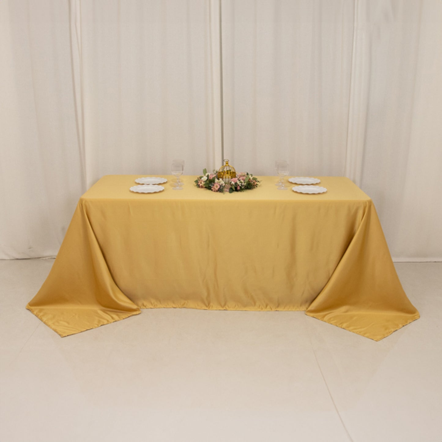 90"x132" Champagne Seamless Lamour Satin Rectangle Tablecloth for 6 Foot Table With Floor-Length Drop
