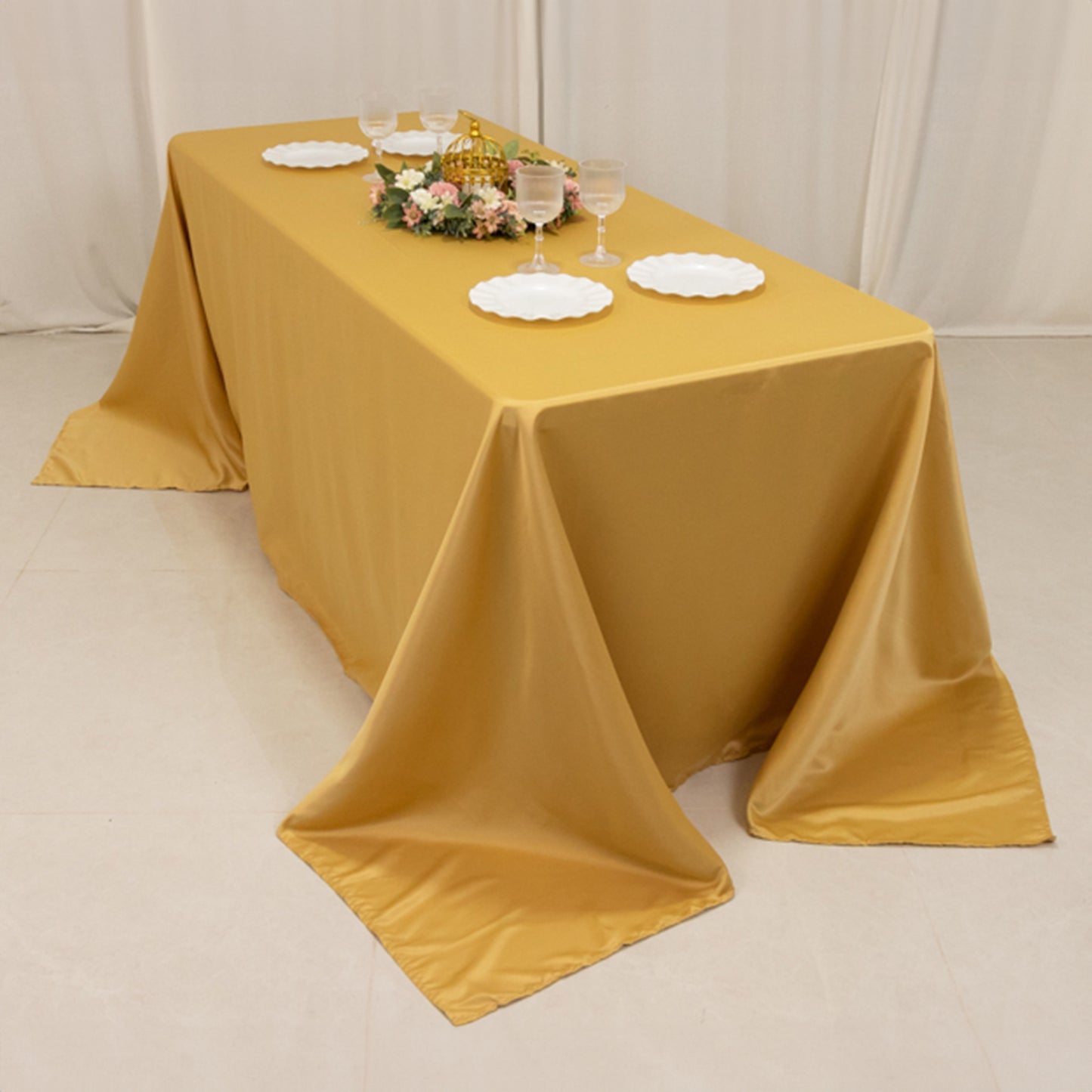 90"x132" Champagne Seamless Lamour Satin Rectangle Tablecloth for 6 Foot Table With Floor-Length Drop