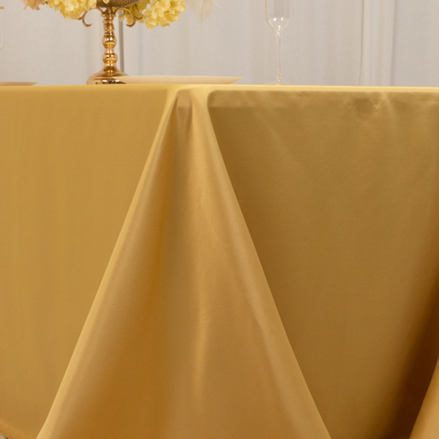 90"x132" Champagne Seamless Lamour Satin Rectangle Tablecloth for 6 Foot Table With Floor-Length Drop