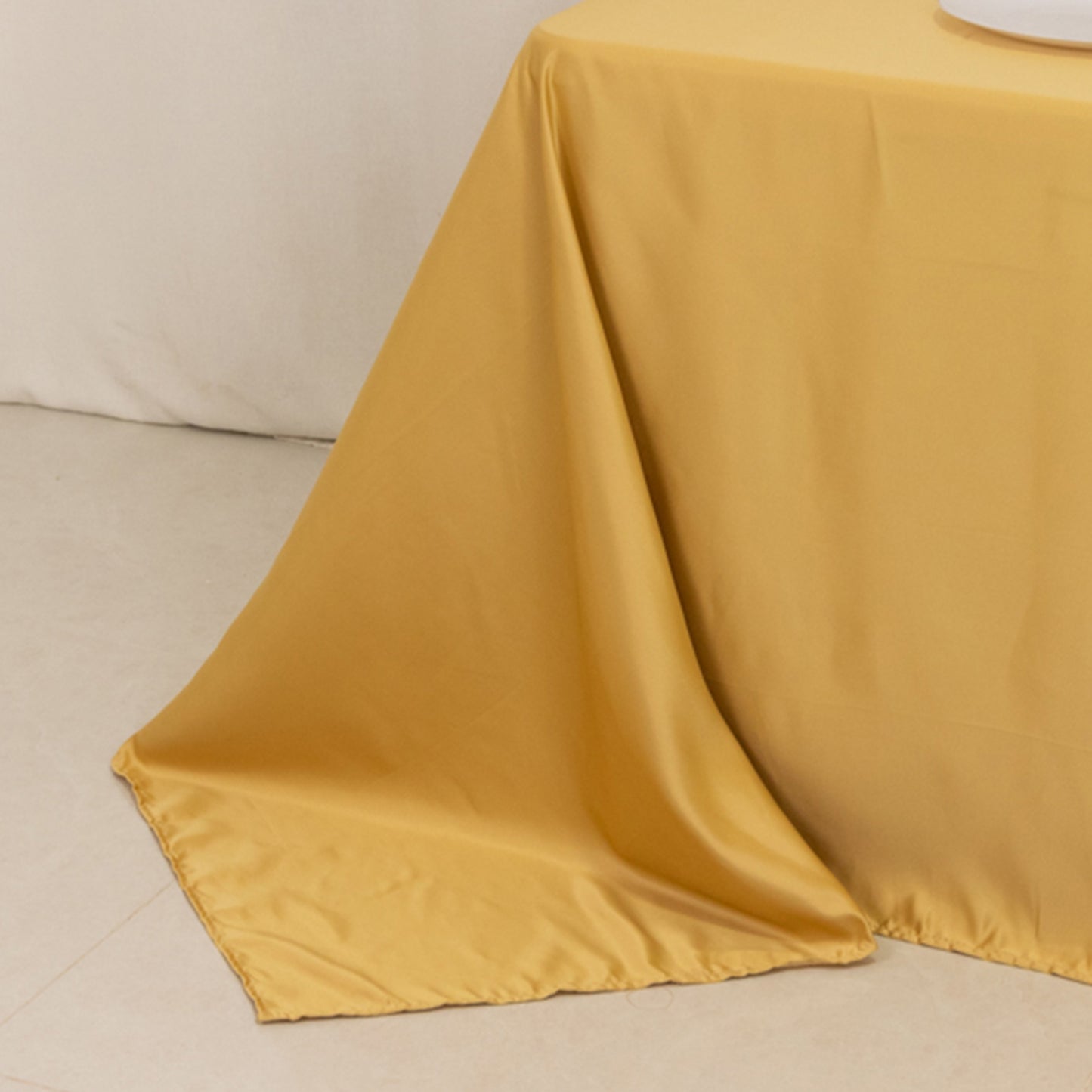 90"x132" Champagne Seamless Lamour Satin Rectangle Tablecloth for 6 Foot Table With Floor-Length Drop