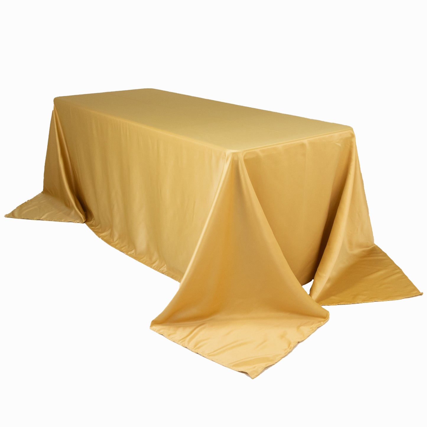 90"x132" Champagne Seamless Lamour Satin Rectangle Tablecloth for 6 Foot Table With Floor-Length Drop