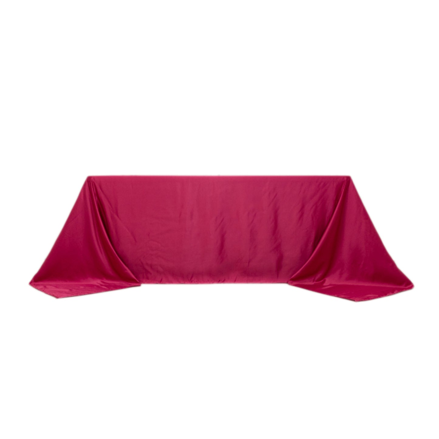 Fuchsia satin tablecloth for 6-foot table with floor-length drop.