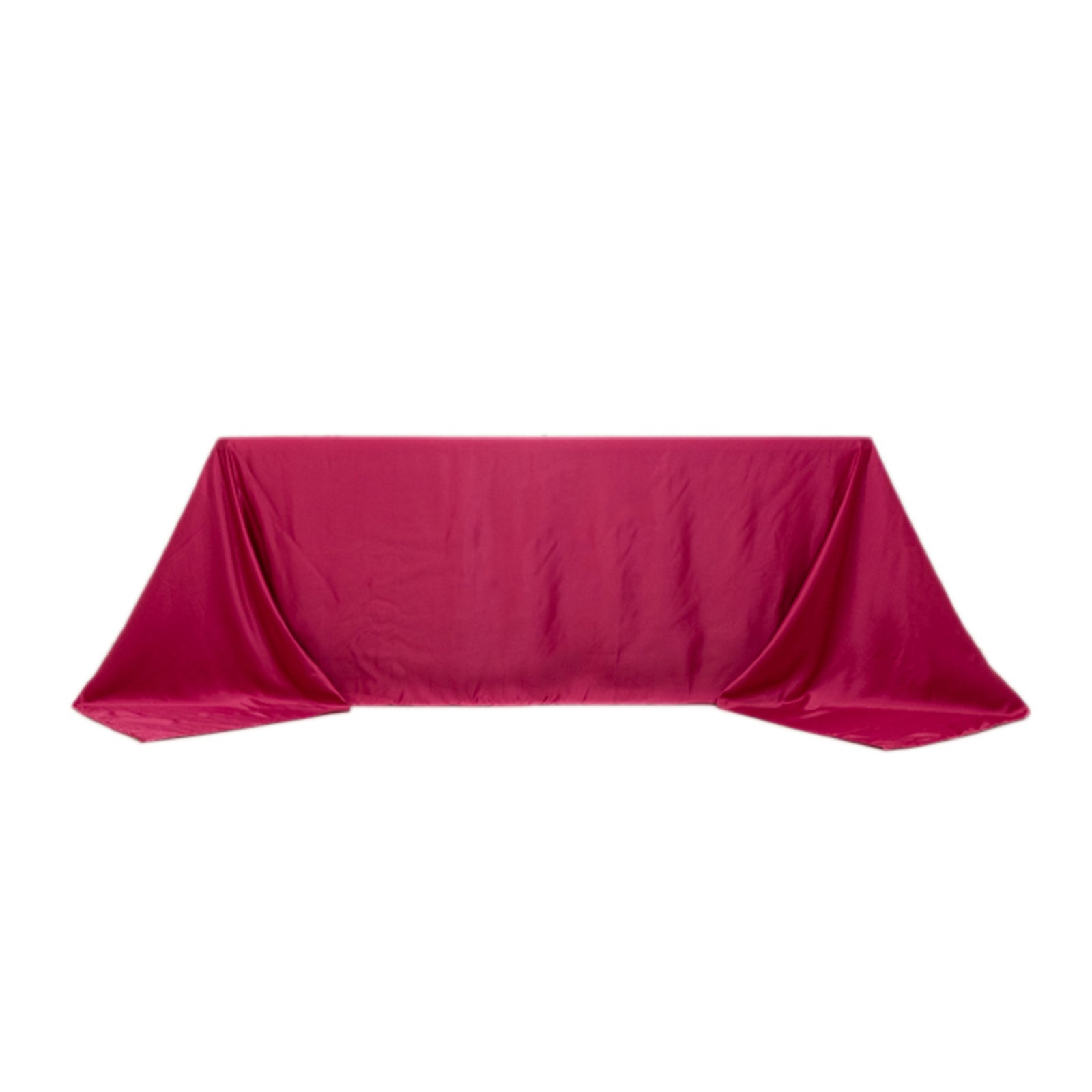 Fuchsia satin tablecloth for 6-foot table with floor-length drop.