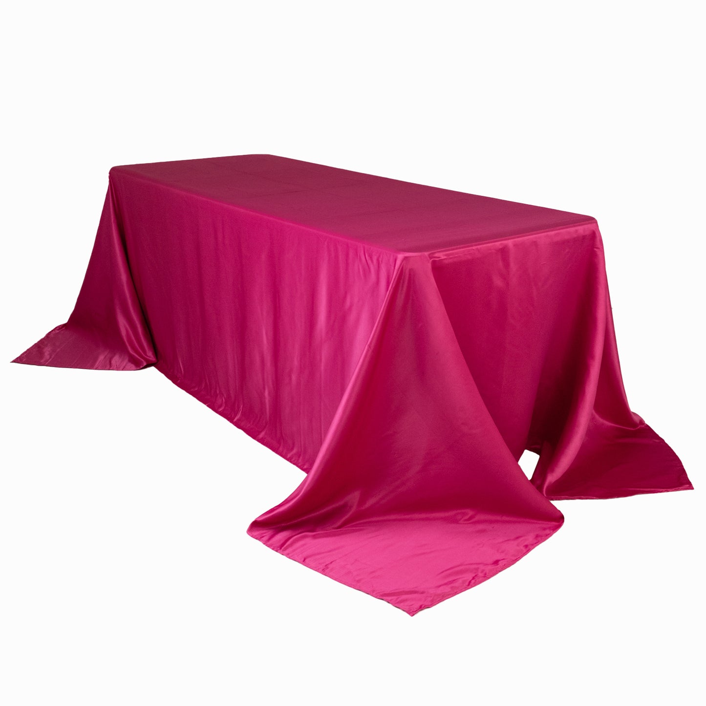 Fuchsia satin tablecloth for a 6-foot table with floor-length drop.