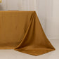 Gold seamless satin tablecloth for 6-foot table with floor-length drop.