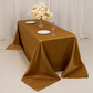 Gold seamless satin tablecloth for a 6-foot table with floor-length drop.
