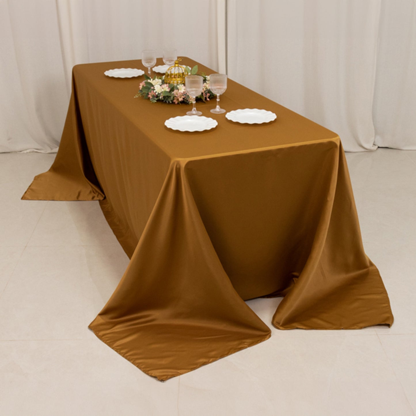 Gold satin tablecloth for a 6-foot table with floor-length drop.