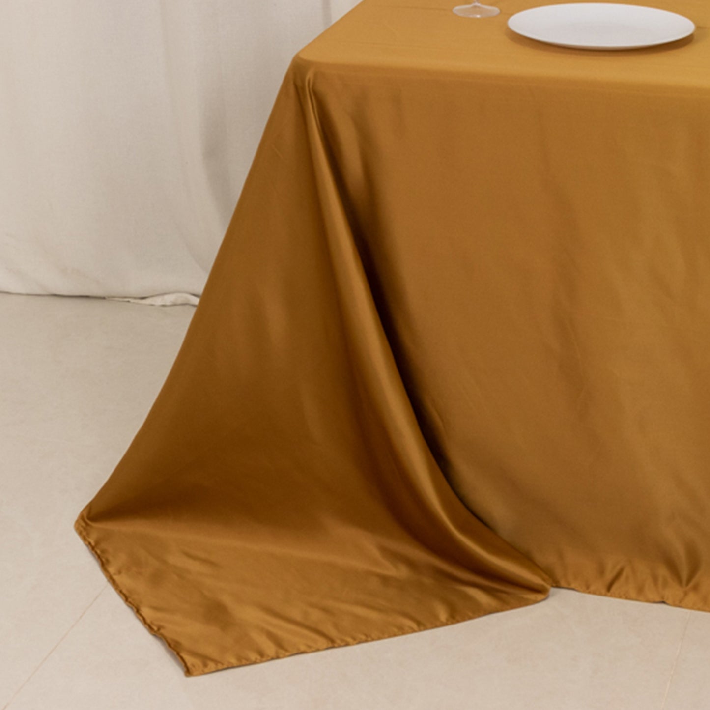 gold satin tablecloth for 6 foot table with floor-length drop