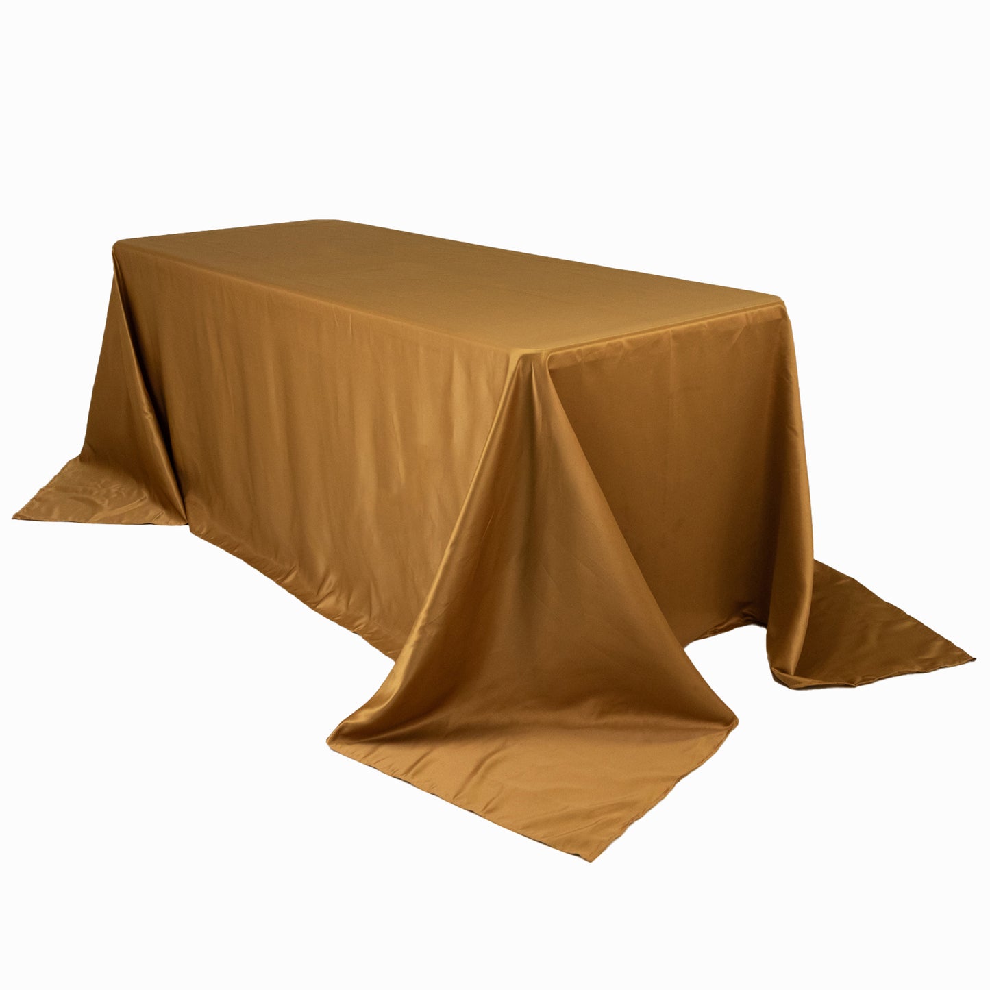 Gold satin tablecloth for 6-foot table with floor-length drop.