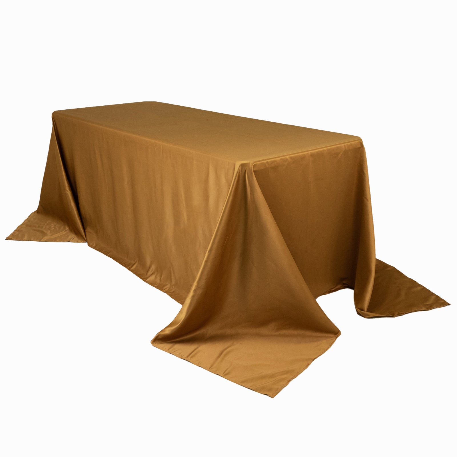 Gold satin tablecloth for 6-foot table with floor-length drop.