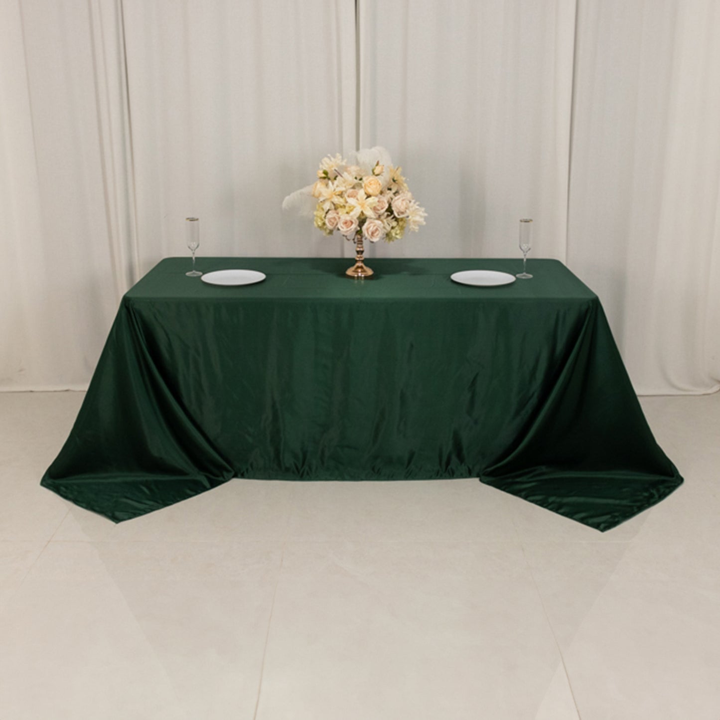 90"x132" Hunter Emerald Green Seamless Lamour Satin Rectangle Tablecloth for 6 Foot Table With Floor-Length Drop