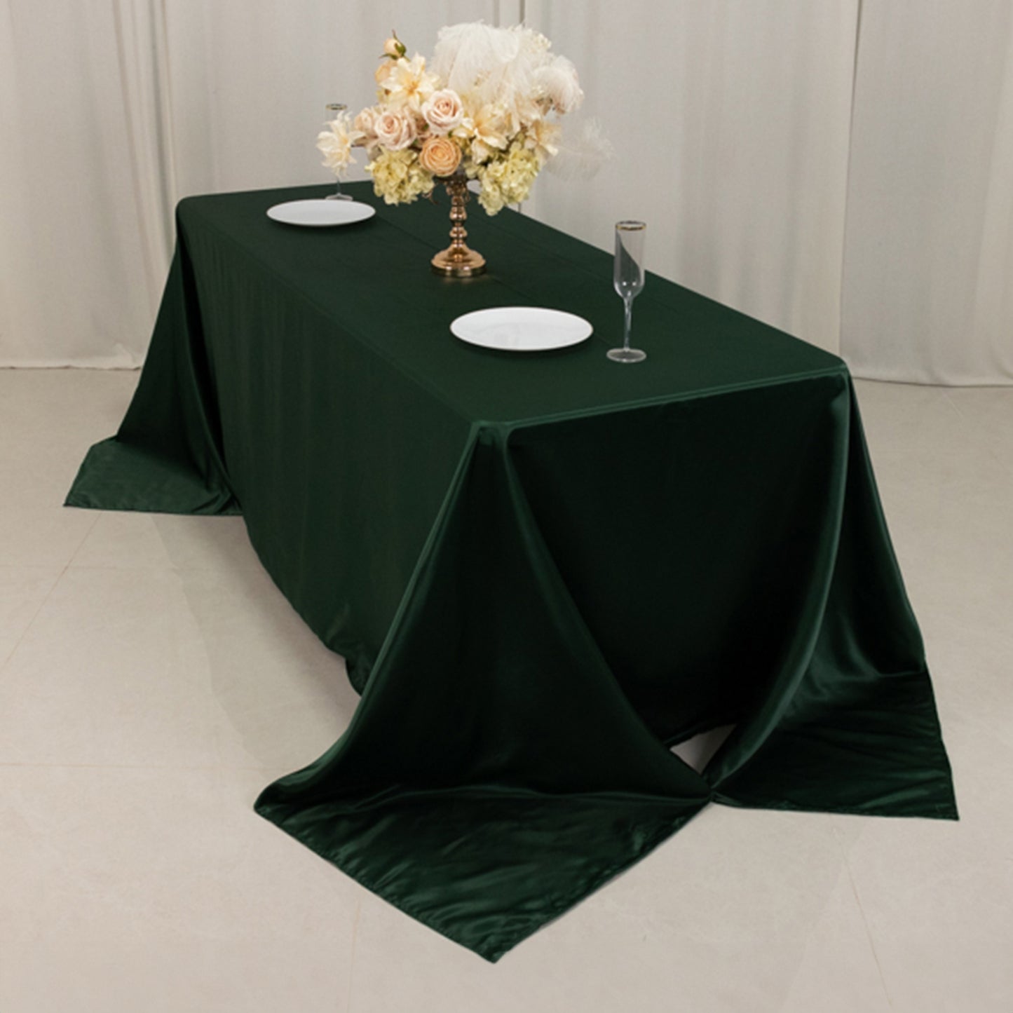 90"x132" Hunter Emerald Green Seamless Lamour Satin Rectangle Tablecloth for 6 Foot Table With Floor-Length Drop