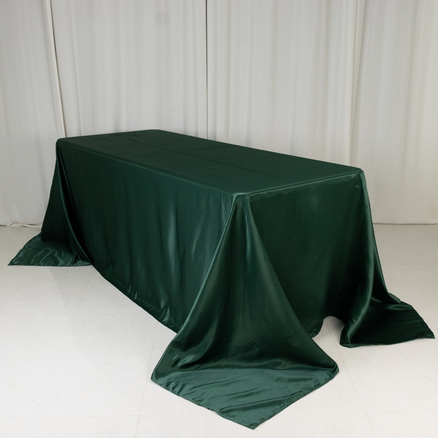 90"x132" Hunter Emerald Green Seamless Lamour Satin Rectangle Tablecloth for 6 Foot Table With Floor-Length Drop