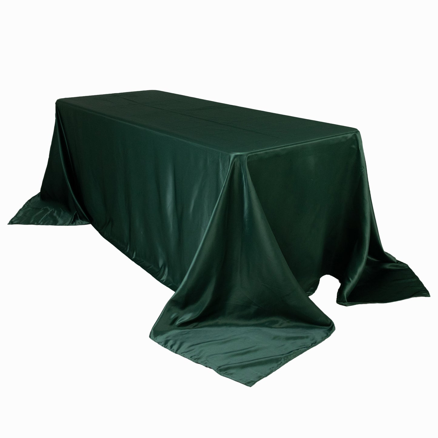 90"x132" Hunter Emerald Green Seamless Lamour Satin Rectangle Tablecloth for 6 Foot Table With Floor-Length Drop