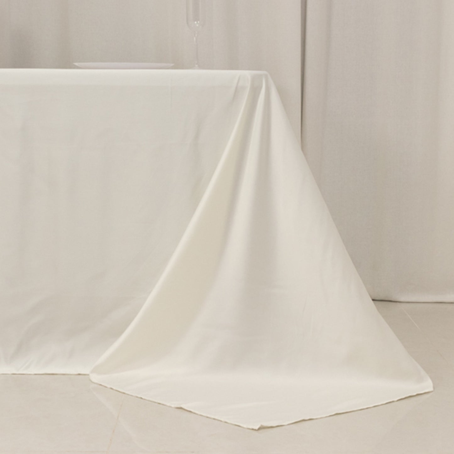 90"x132" Ivory Seamless Lamour Satin Rectangle Tablecloth for 6 Foot Table With Floor-Length Drop