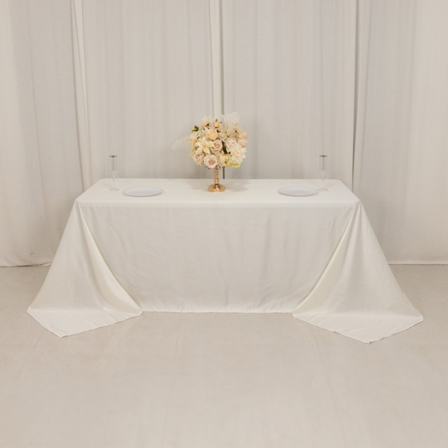 90"x132" Ivory Seamless Lamour Satin Rectangle Tablecloth for 6 Foot Table With Floor-Length Drop