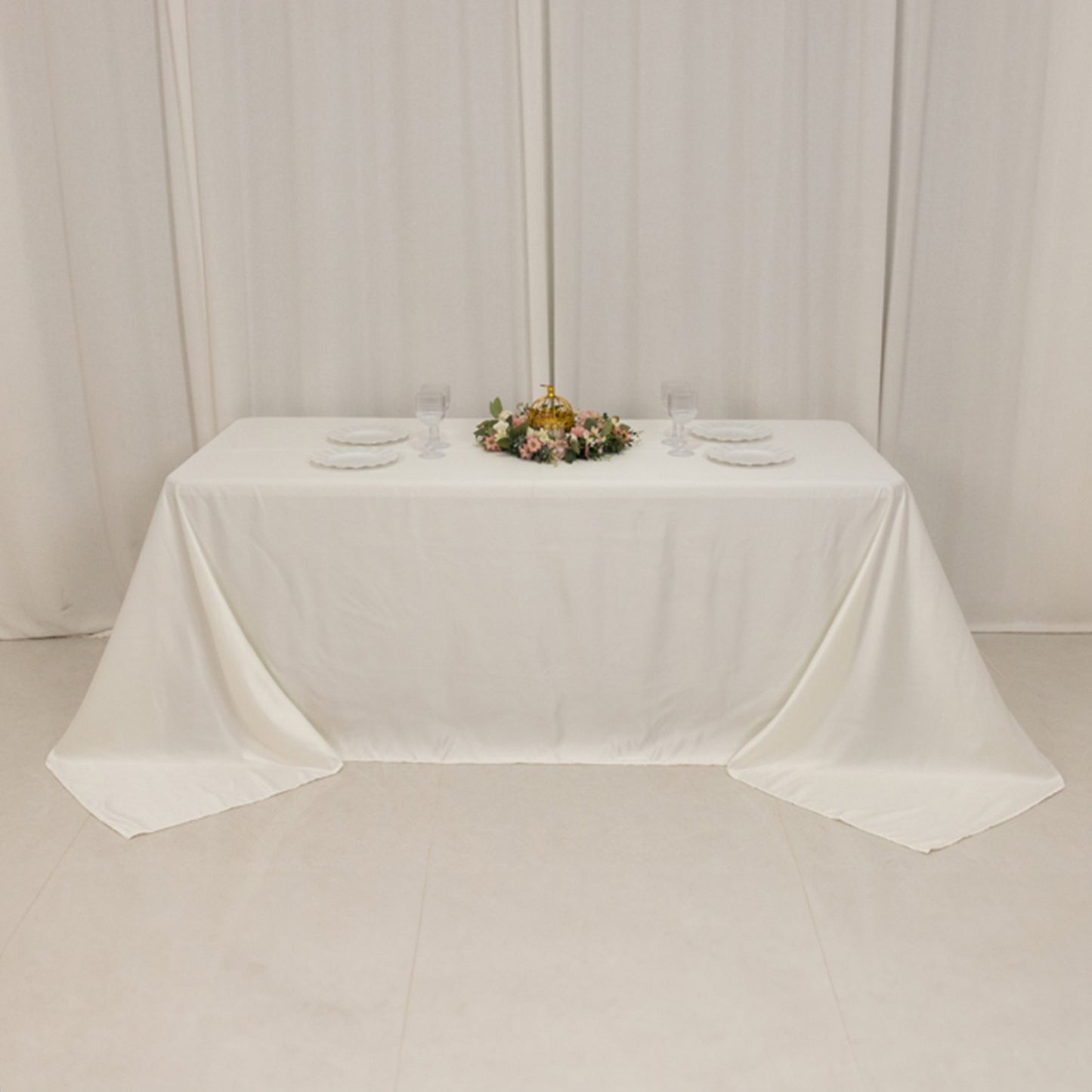 90"x132" Ivory Seamless Lamour Satin Rectangle Tablecloth for 6 Foot Table With Floor-Length Drop