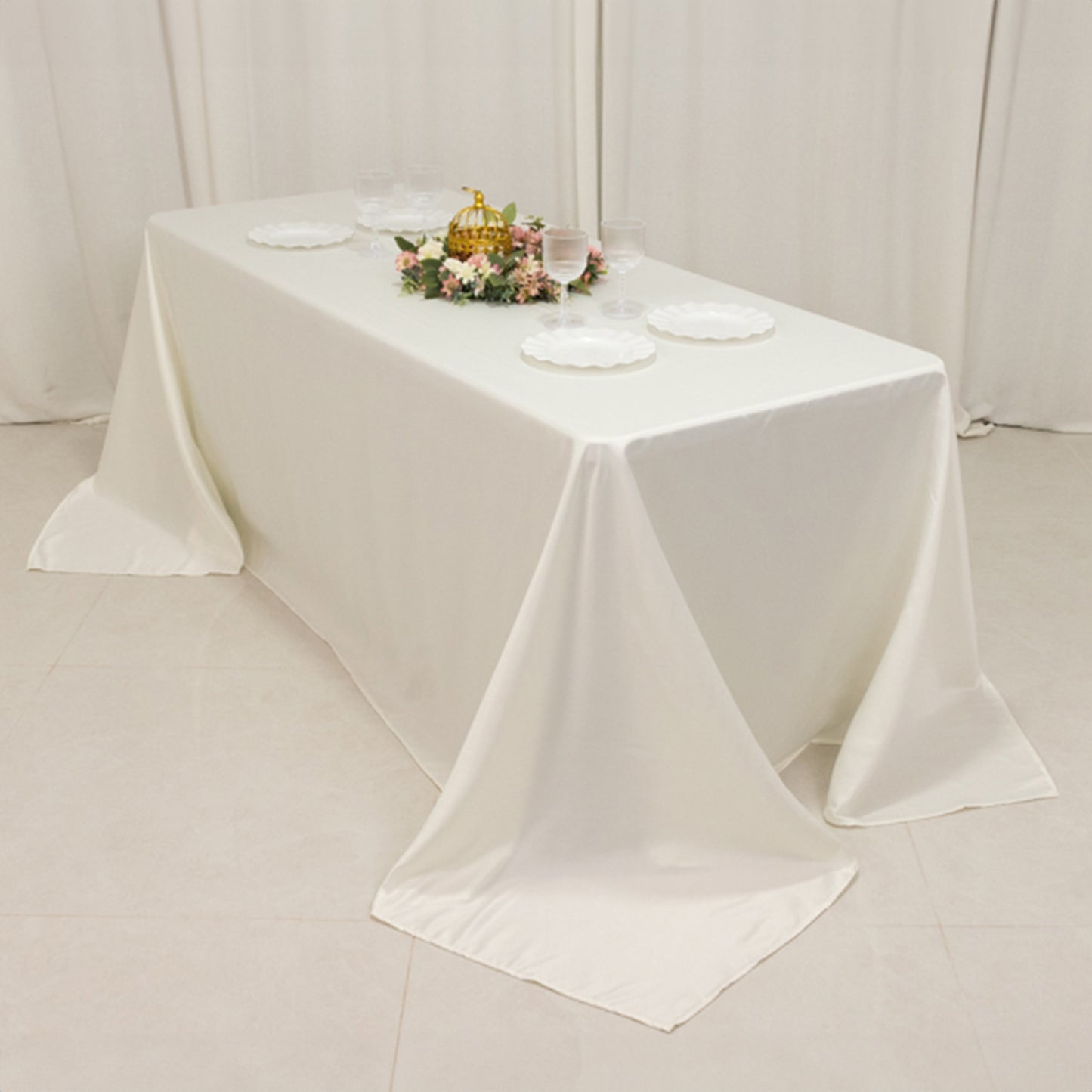 90"x132" Ivory Seamless Lamour Satin Rectangle Tablecloth for 6 Foot Table With Floor-Length Drop