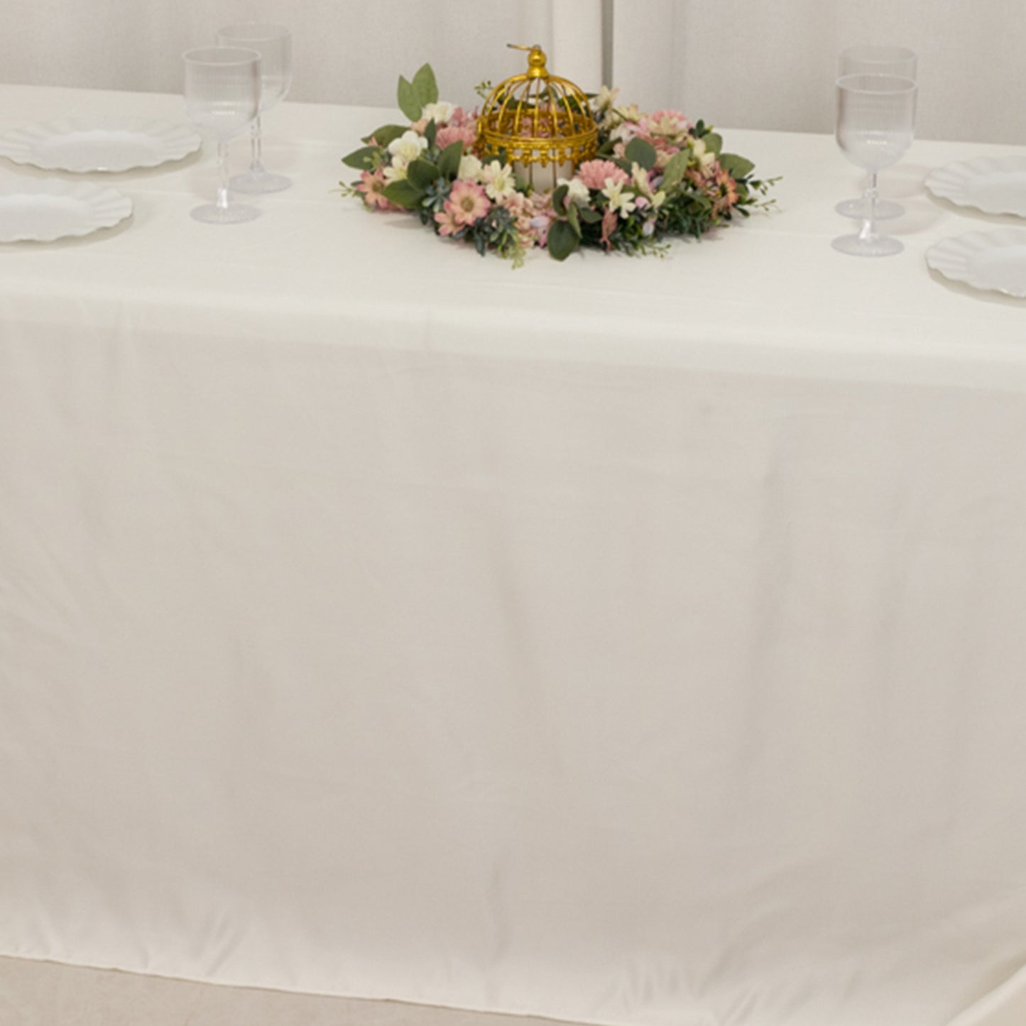 90"x132" Ivory Seamless Lamour Satin Rectangle Tablecloth for 6 Foot Table With Floor-Length Drop