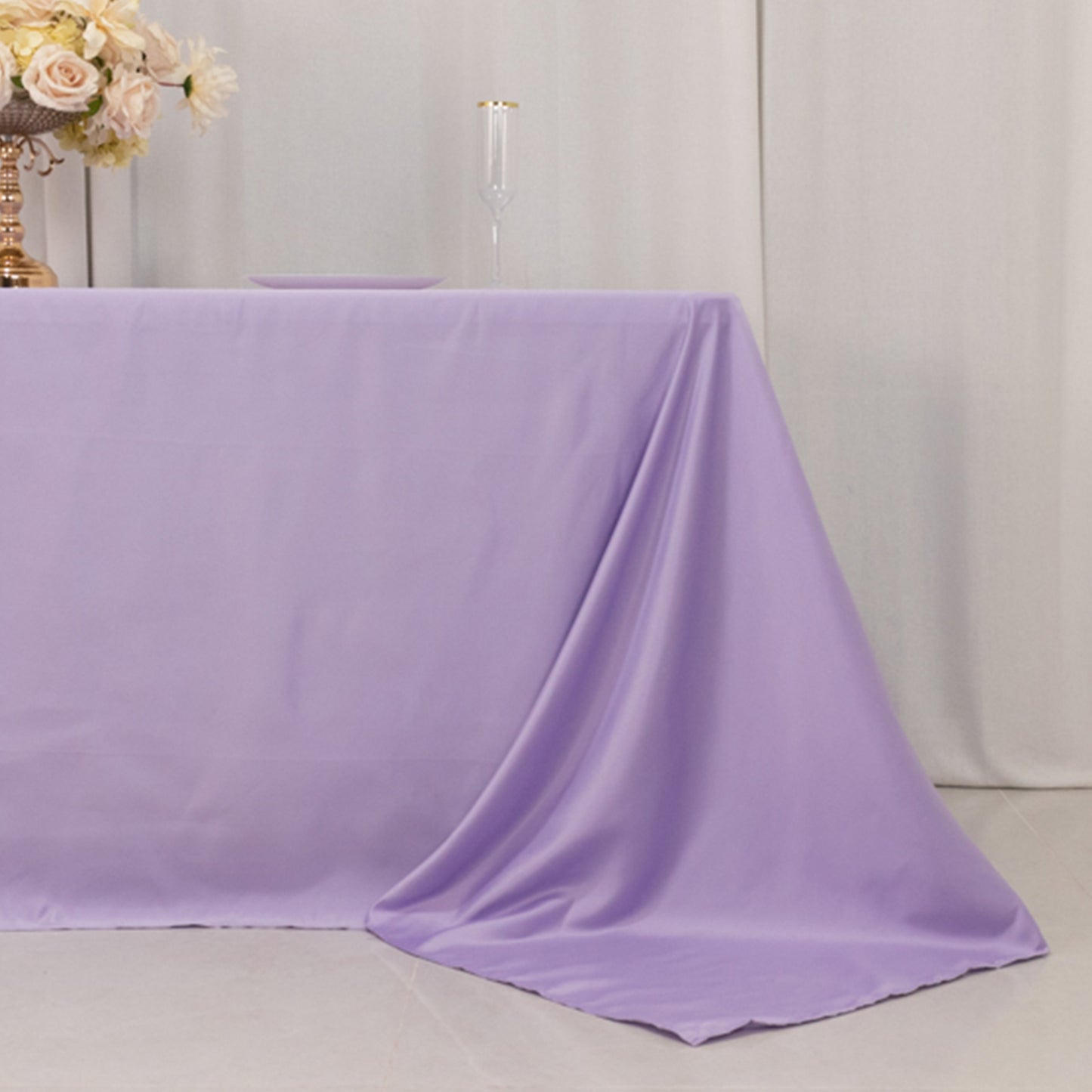 90"x132" Lavender Lilac Seamless Lamour Satin Rectangle Tablecloth for 6 Foot Table With Floor-Length Drop