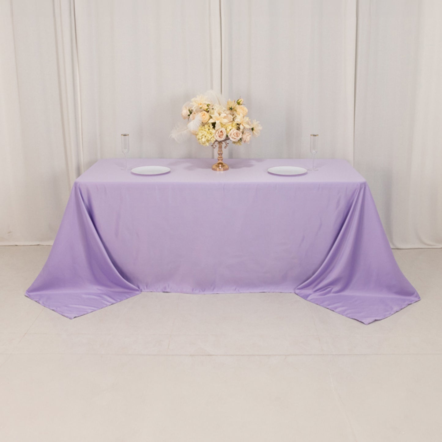 90"x132" Lavender Lilac Seamless Lamour Satin Rectangle Tablecloth for 6 Foot Table With Floor-Length Drop