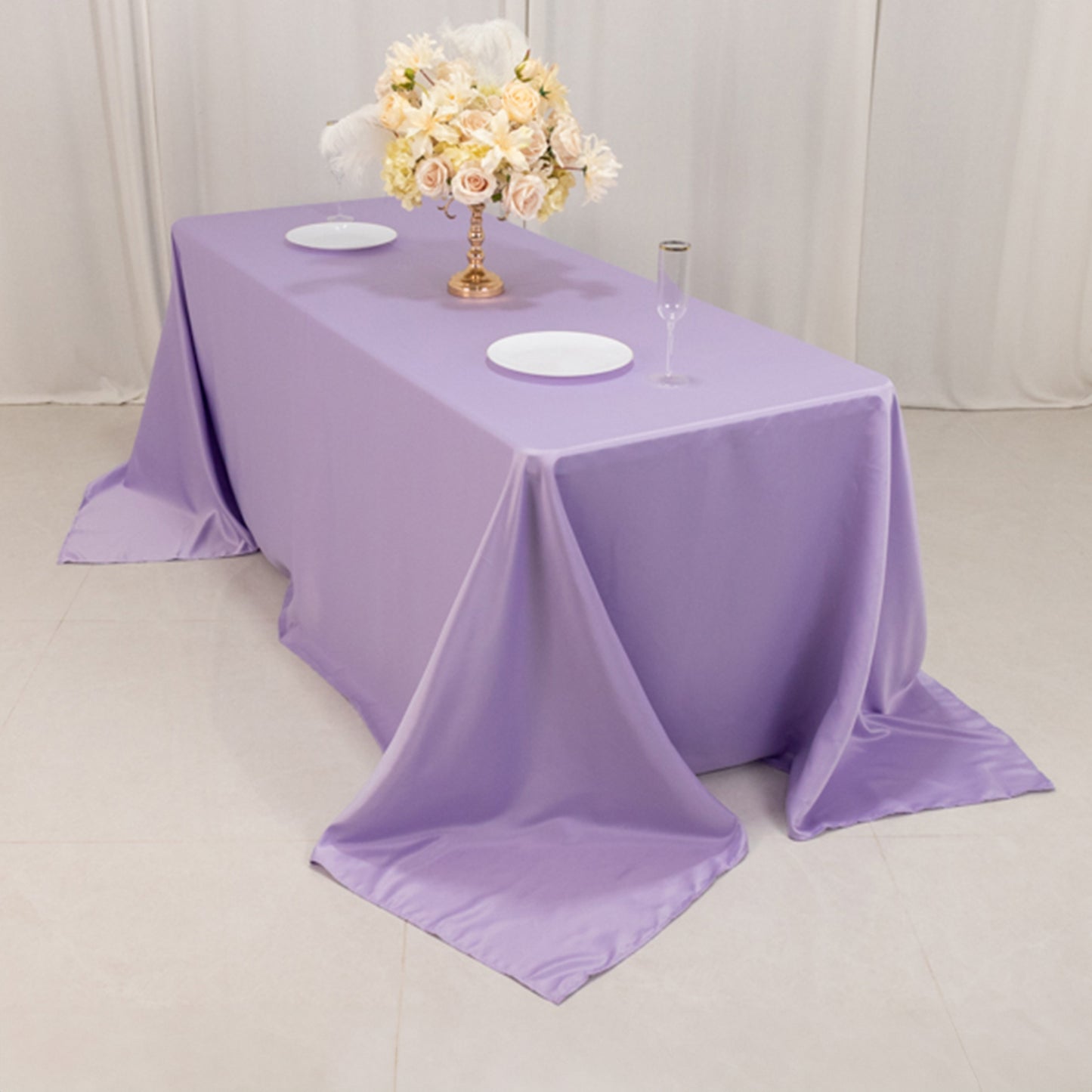 90"x132" Lavender Lilac Seamless Lamour Satin Rectangle Tablecloth for 6 Foot Table With Floor-Length Drop
